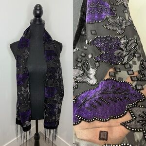 Silk Blend Sheer Velour Black and Purple Scarf Wrap